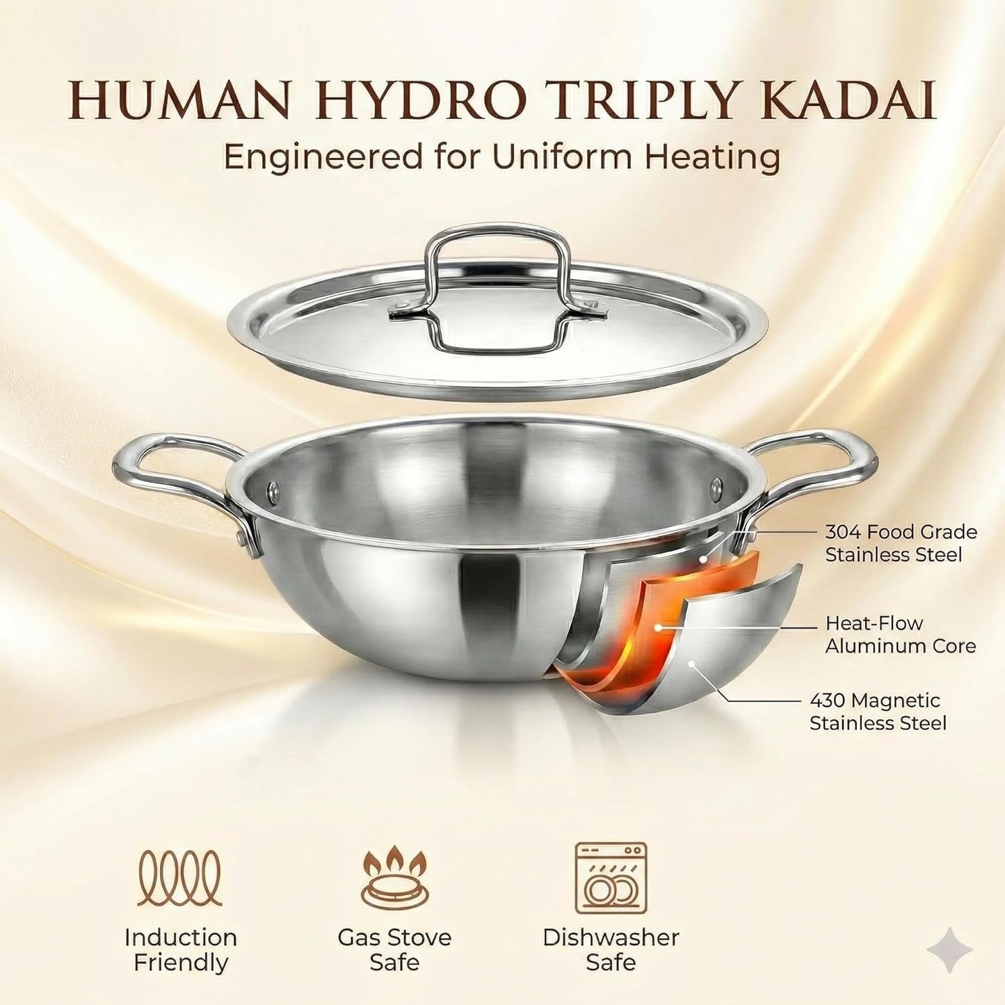 Human Hydro Tri-Ply Stainless Steel Kadai with SS Lid and Spatula 24cm 2.8L Induction Gas
