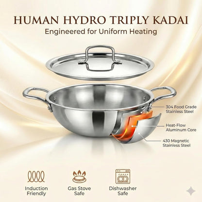 Human Hydro Tri-Ply Stainless Steel Kadai with SS Lid and Spatula 24cm 2.8L Induction Gas