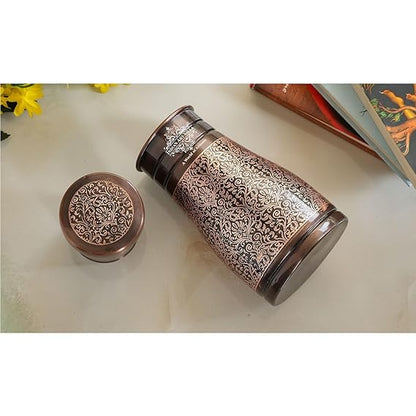 Indian Art Villa Pure Copper Bedroom Water Bottle With Inbuilt Glass Dark Embossed Design