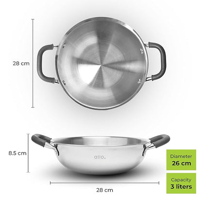 Allo Triply Stainless Steel Kadhai with Handles Perfect Kadhai for Curry 26cm 3 litres Without lid