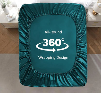 Cloth Fusion Satin Elastic Fitted Bedsheet for Double Bed King Size with 2 Pillow Covers H603 280 TC Peacock Green