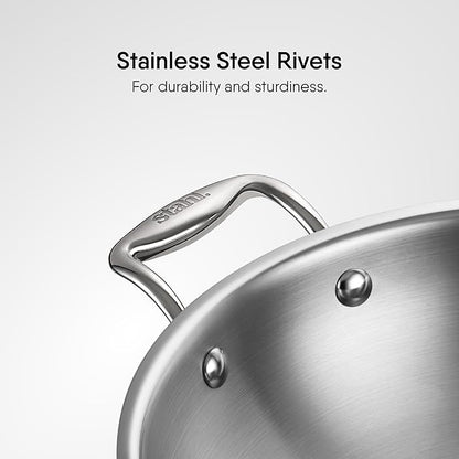 Stahl Artisan Triply Stainless Steel Wok With Lid | Stir Fry Wok | Induction & Gas Stove Compatible | 3.3 L | 26 Cm