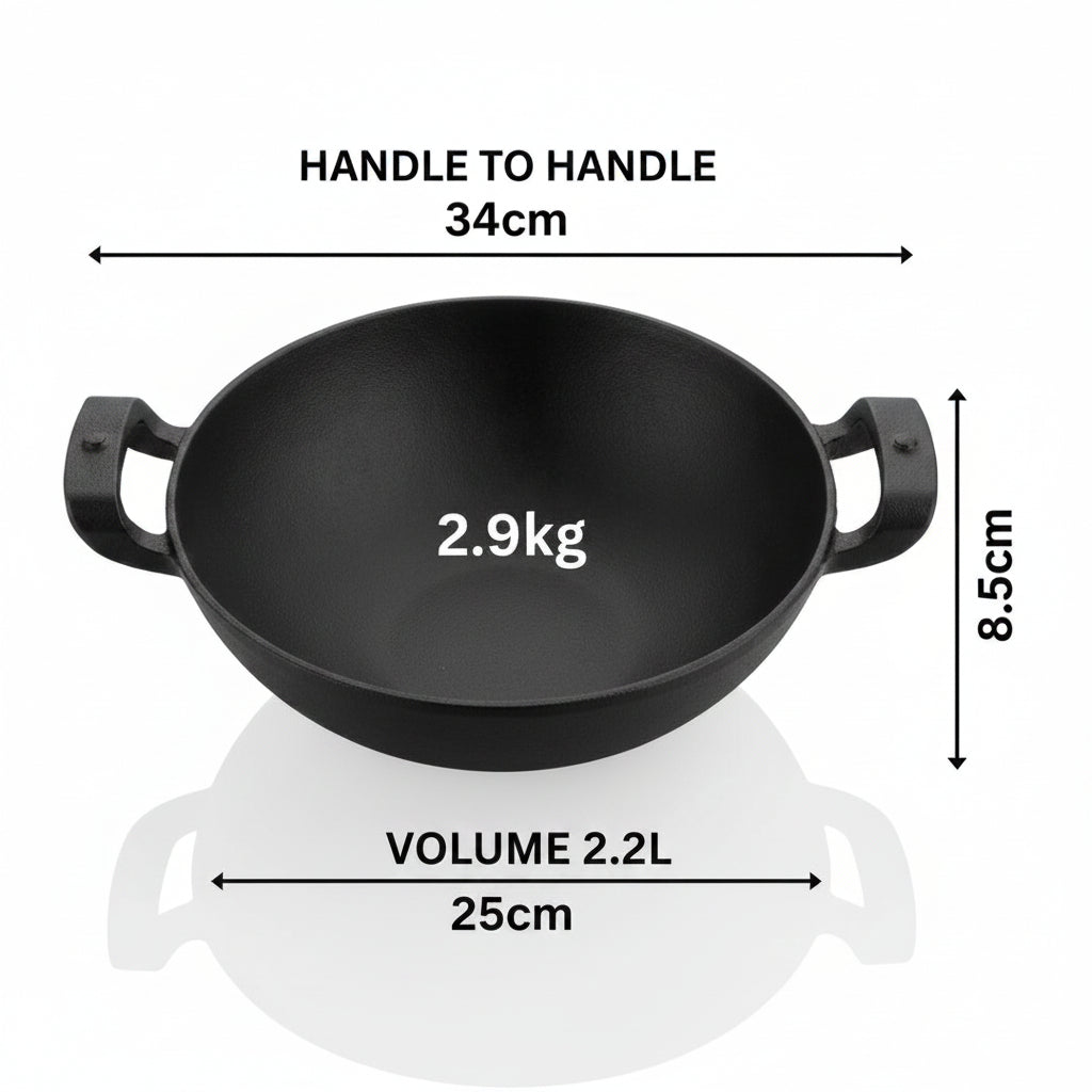Human Hydro Premium Deliq Range Cast Iron Kadai 25cm 2.2L with Heat-Resistant Silicone Grip Handles Induction Gas