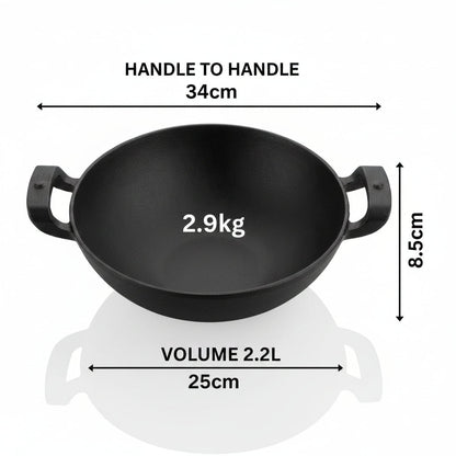 Human Hydro Premium Deliq Range Cast Iron Kadai 25cm 2.2L with Heat-Resistant Silicone Grip Handles Induction Gas