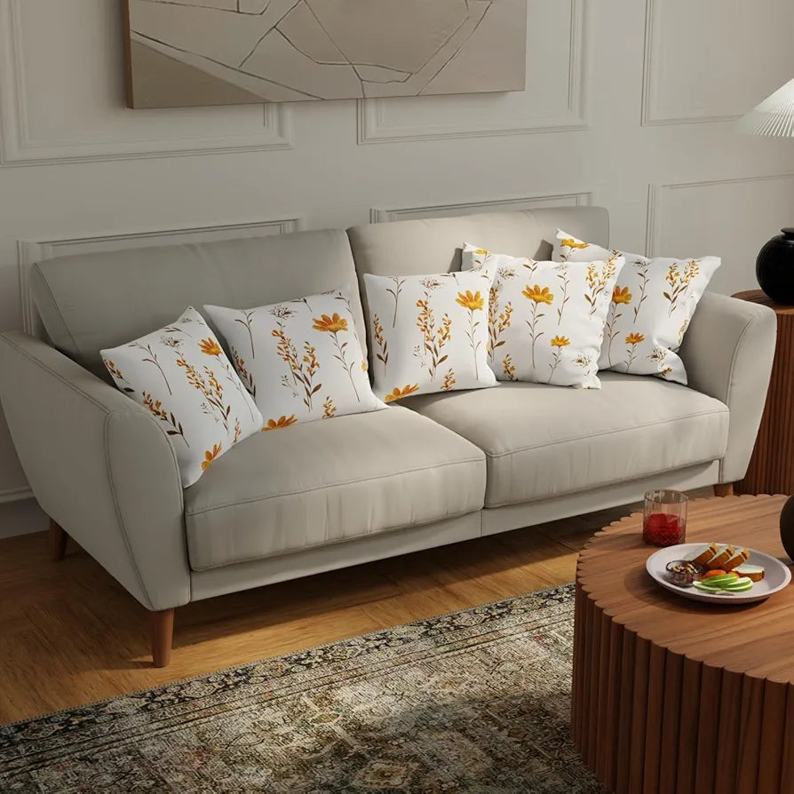 Urban Space Decorative Cotton 200 TC Cushion Cover Set Of 5 Cushion Covers For Sofa, Bedroom, Living Room Orchid Blooms - Yellow