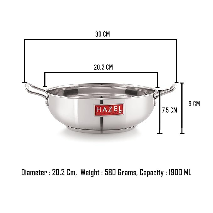 Hazel Stainless Steel Induction Kadai Induction Base Steel Kadai for Cooking Dishwasher Safe