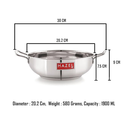 Hazel Stainless Steel Induction Kadai Induction Base Steel Kadai for Cooking Dishwasher Safe