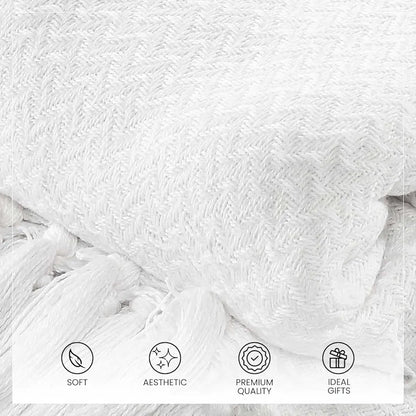 Sashaa World Cotton Chevron Throw Blanket Handwoven with Fringes Colour White