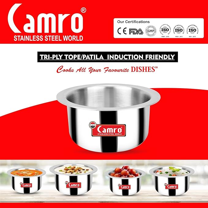 Camro Tripro Triply Artisian Tope 17 No 5 Liters Capacity Cauldron Tope Handi Patila Stainless Steel