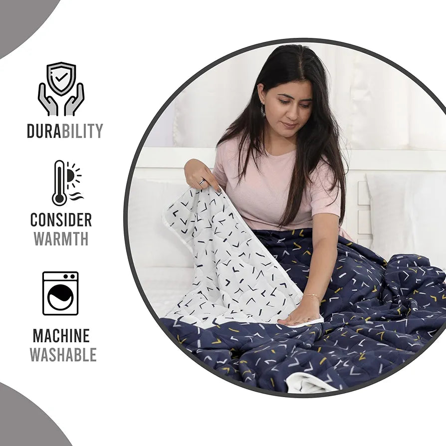 Divine Casa Microfibre All-Weather 150 GSM Printed Reversible Double Bed Size Quilt Comforter Blanket TC - 150 Colour Navy Blue and D White