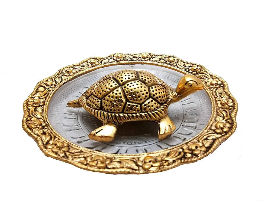 Chhariya Crafts Metal Feng Shui Tortoise on Plate Showpiece for Good Luck