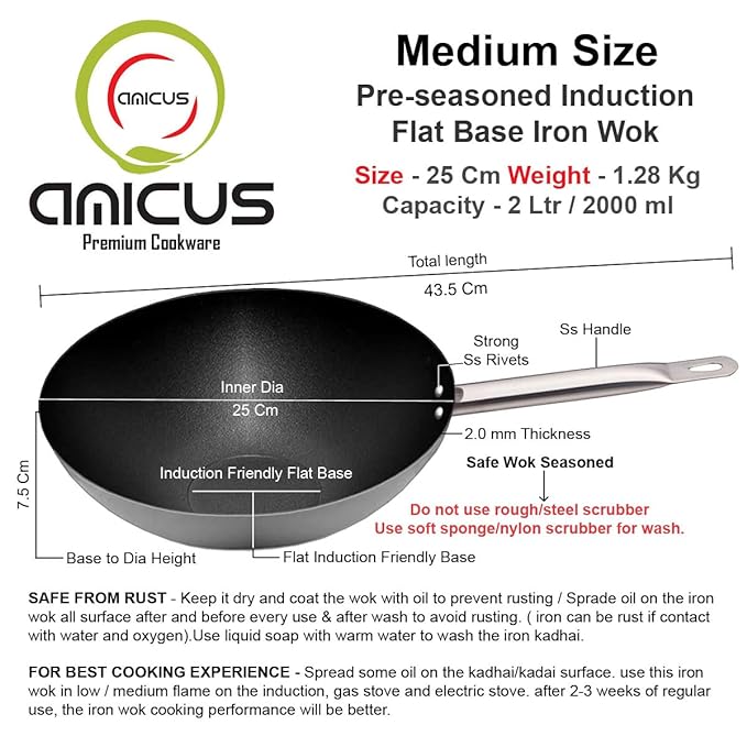 Amicus Kitchen Iron Wok for Cooking & Deep Frying Pre Seasoned Iron Kadai Wok Fry Pan 25 cm 2 L Black