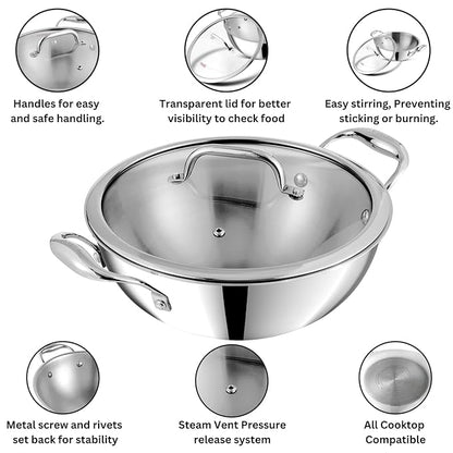 Vinod Platinum Triply Stainless Steel Extra Deep Kadai with Glass Lid 5.5 Litre (30 cm) | 2.5mm Thick | Kadai for Cooking