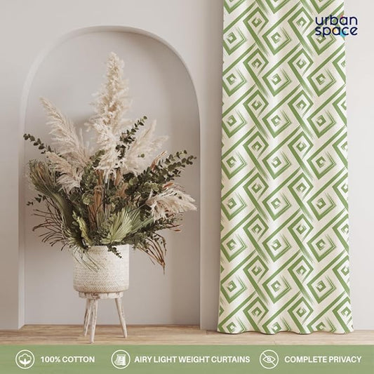 Urban Space Cotton Curtains for Door Bedroom Home Decor Pack of 2 Curtain with Eyelets and Tieback (Colour Basics Green)
