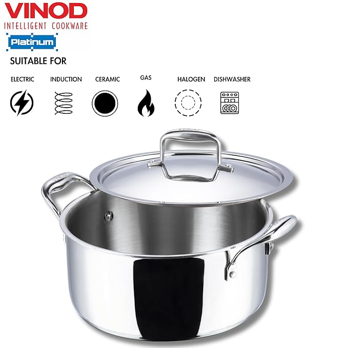 Vinod Platinum Triply Stainless Steel Saucepot With Lid | 3 Litres | 20 Cm | 2.5mm Thick