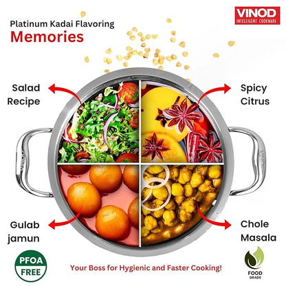 Vinod Platinum Triply Stainless Steel Cookware Kadai With Lid | 3.2 Litres | 26 Cm | 2.5 Mm Thick | 3 Layer Kadhai