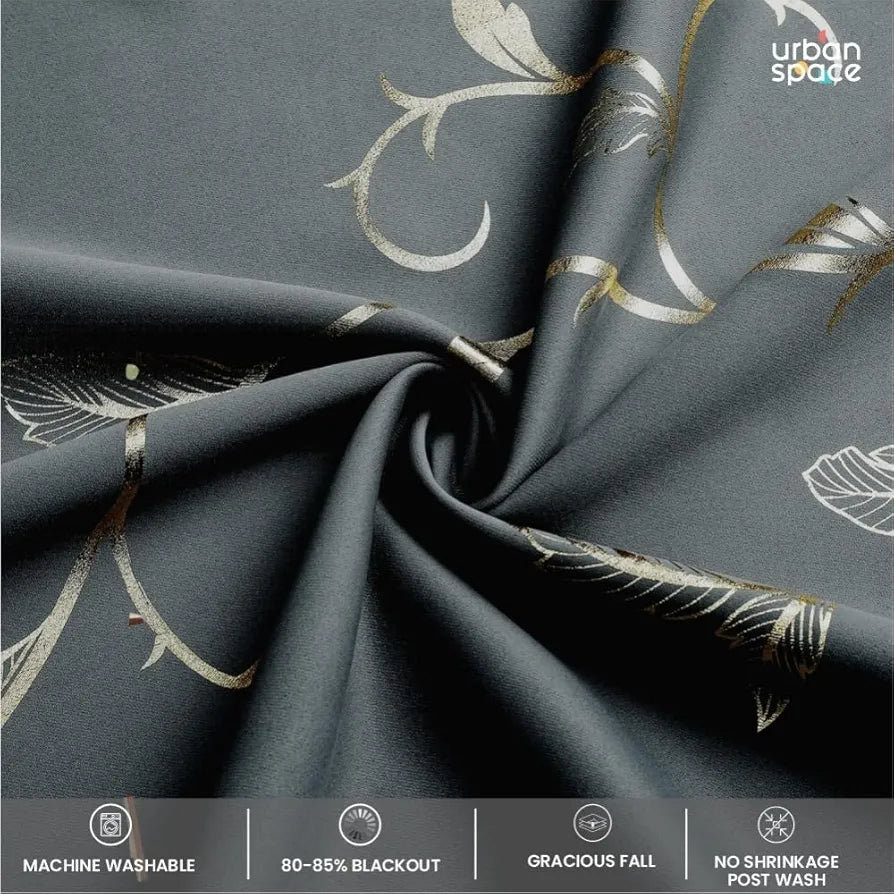 Urban Space Pure Blackout Opaque Curtains for Living Room, Gold Foil Printed Luxurious Blackout Opaque Curtains 1 Piece Pack Floral Vine Grey