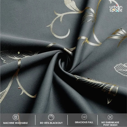Urban Space Pure Blackout Opaque Curtains for Living Room, Gold Foil Printed Luxurious Blackout Opaque Curtains 1 Piece Pack Floral Vine Grey