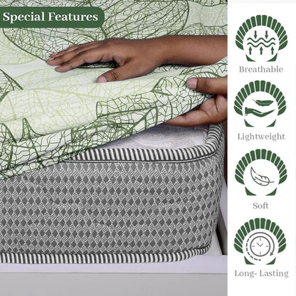 Divine Casa 100% Cotton Fitted Bedsheet Set for Single Bed Floral Print 144 TC Includes 1 Bedsheet & 1 Pillow Cover Colour Garden Green