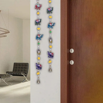 Heart Home Handcrafted Elephant Door Latkan with Bells Rajasthani Traditional Hanging Windchimes Pair