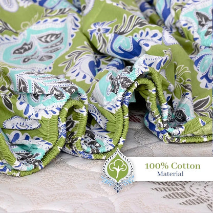 Divine Casa 144 TC Cotton Abstract Printed Queen Size Double Bed Elastic Fitted Bedsheet with 2 Pillow Cover Colour Forest Green