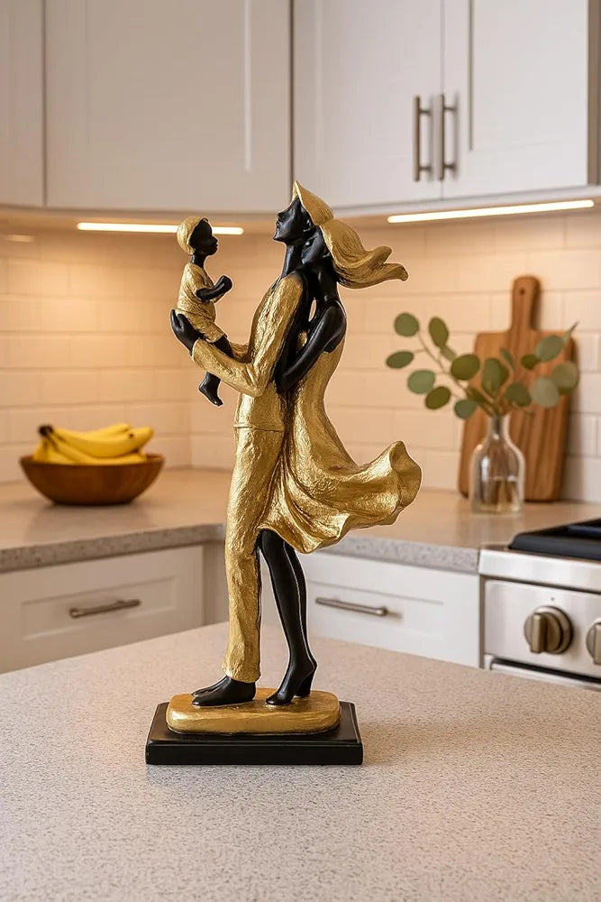Xtore Lavish Golden Black Resin Couple Statue with Child for Home Decor