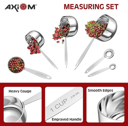 Axiom Stainless Steel Set of 6 pcs 4 Stackable Measuring Cups and 2 Stackable Measuring Spoons