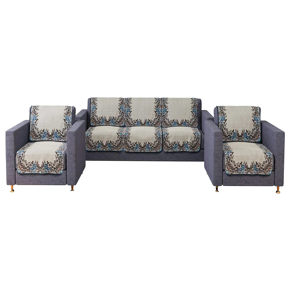 Kuber Industries 5-Seater Couch Cover Net Velvet Sofa Slip Cover Set Blue Gulab Border Crown Sofa Cover Cream