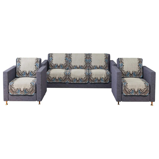 Kuber Industries 5-Seater Couch Cover Net Velvet Sofa Slip Cover Set Blue Gulab Border Crown Sofa Cover Cream