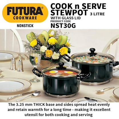 Hawkins Futura 3 Litre Cook n Serve Stewpot Non Stick Pot with Glass Lid