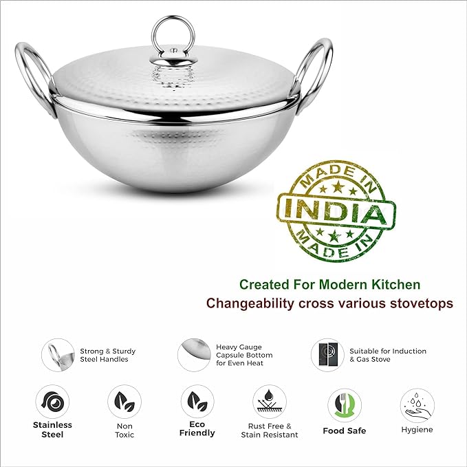 Prabha Stainless Steel Heavy Gauge Hammered Finish Kadhai Kadai with Lid Capacity 1.3 L, Size 200 mm