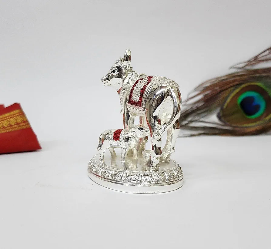 Gold Art India Kamdhenu Cow and Calf Idol with Red Accents Shiny Silver Finish | 7.62 cm
