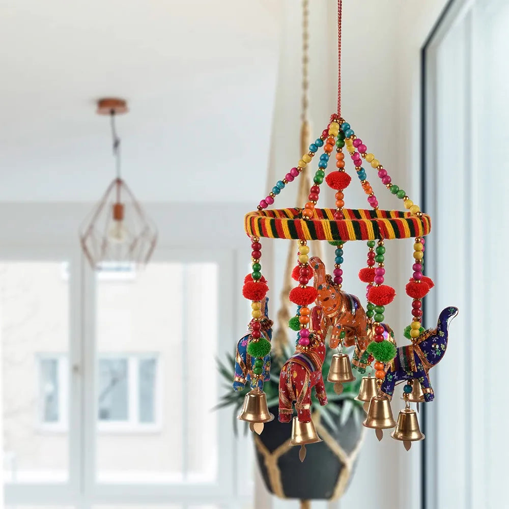 Kuber Industries Rajasthani Traditional Windchimes Hanging Ring Elephant with Bells