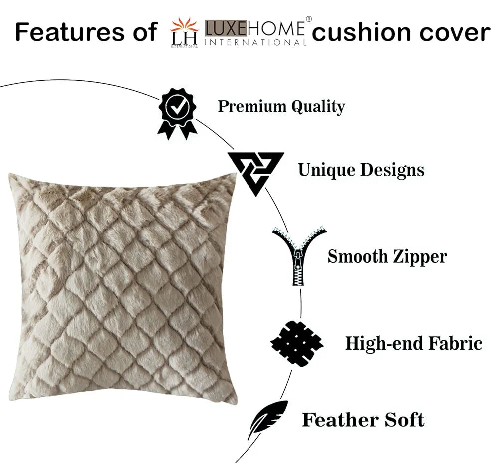 Luxe Home Cushion Cover Duble Side Rabbit Fur Diamond Design Covers Set of 2 Colour Beige