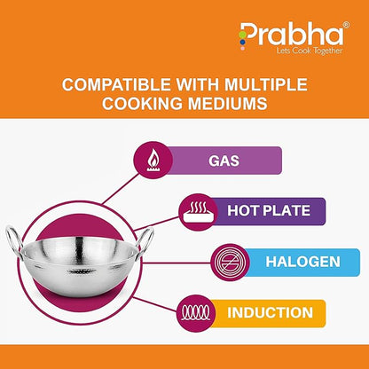 Prabha Stainless Steel Hammered Finish Heavy Gauge Kadhai, Kitchen Wok with 1L Capacity 170 mm