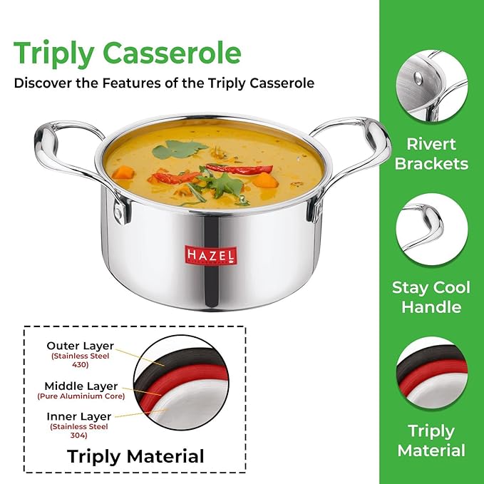 Hazel Triply Stainless Steel Induction Bottom Tope with Handle 4.2 Litre 22.5 cm