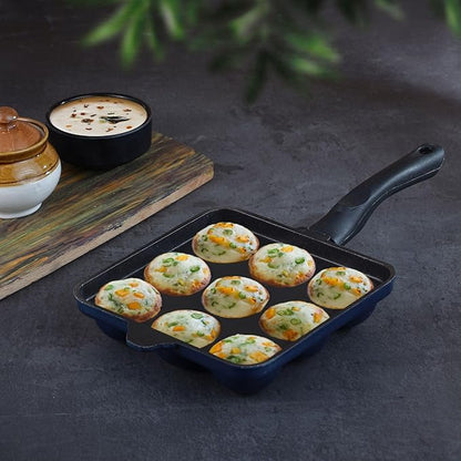 Vinod Aluminium Non Stick Kuzhi Paniyaram Pan | 9 Cups | 17.5cm | Paniyarakal | Appe Pan | Appam Patra | 3mm Thick | 3 Ply | Metal Spoon