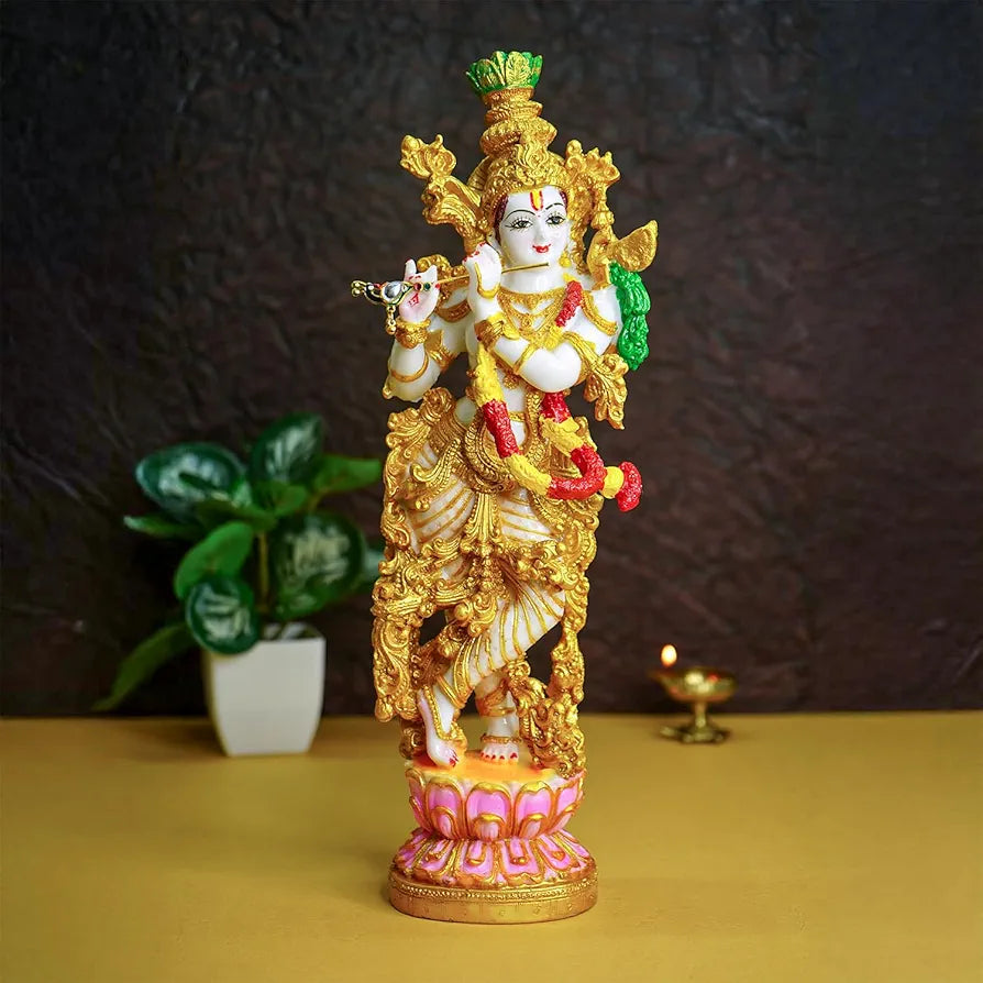 Ekhasa Marble Dust Lord Krishna Idol with Flute Multicolor 1