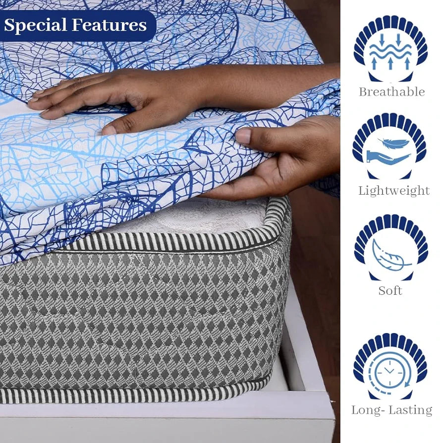 Divine Casa 144 TC Cotton Fitted Bedsheet for King Bed Floral Print Blue Skin-Friendly & Breathable Elastic Fit 100% Cotton