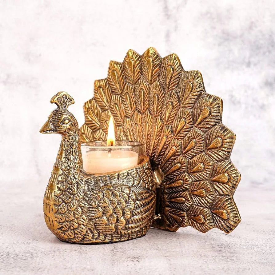 Behoma Metal Dancing Peacock Figurine for Good Luck and Love | Candle Holder for Home Dcor Tabletop Living | Showpiece for Valentine's Day, Birthday , Gold