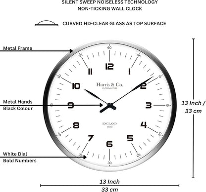 Harris & Co. Clockmasters Premium Wall Clock Luxury Number Dial - 13 Inch Analog White