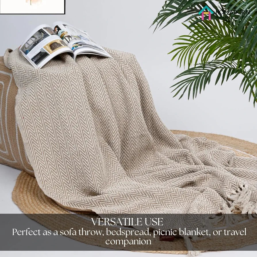 Homadorn All Season Cotton Weaved Throw Blanket Colour Beige