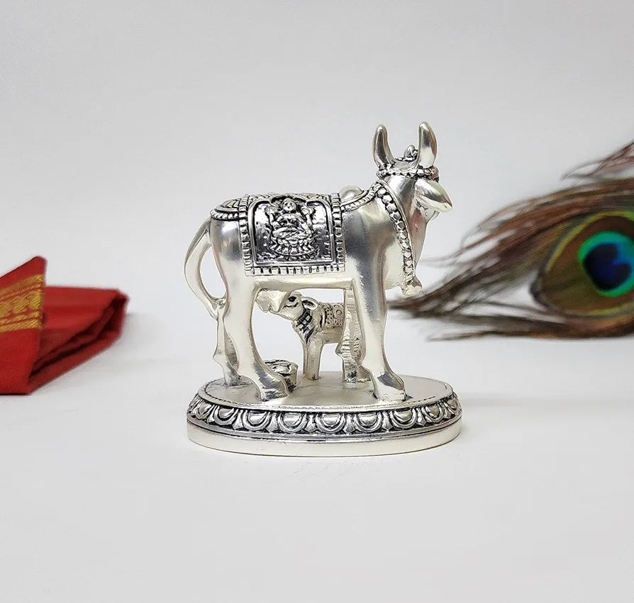 Gold Art India Kamdhenu Cow and Calf Idol Silver Matte Finish Decorative Murti 7.62 cm x 7.62 cm