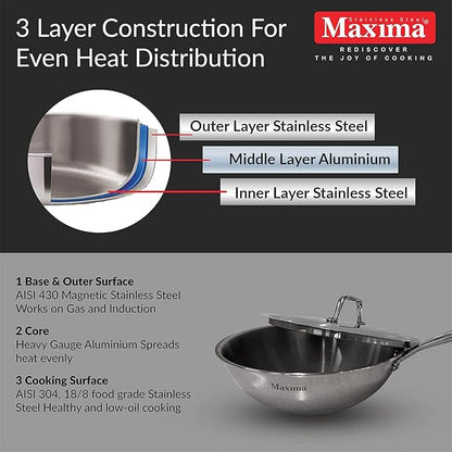 Maxima Triply Stainless Steel Wok Pan 22cm - 1230 gms