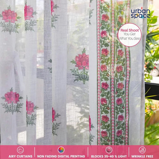Urban Space Printed Sheer Linen Curtains for Door Light Filtering Linen Textured Decorative Curtains with Eyelets and TieBack for Bedroom Set of 2 Curtains Modern Fire Glow Pink