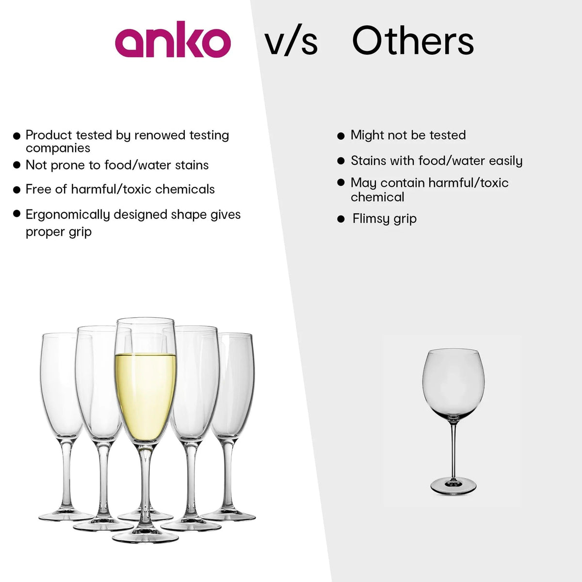 Anko Champagne Flutes Set of 6 | Elegant Design | Dishwasher Safe | 170ml | Clear