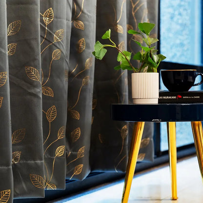 Urban Space Blackout Curtains for Living Room, Gold Foil Printed Luxurious Blackout Decorative Curtains Eyelet with Tieback, 1 Piece, Leaf Grey