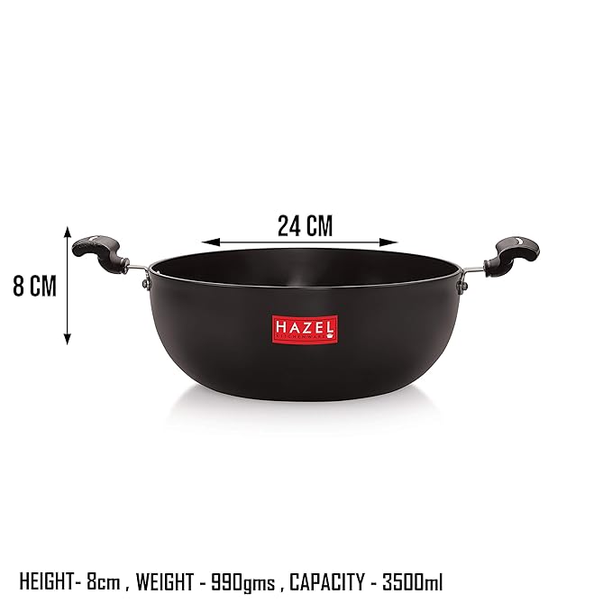 Hazel 3 mm Hard Anodised Kadai Deep Aluminium Anodized Frying Kadhai 3500 ml 24 cm, Black