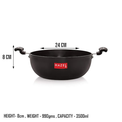 Hazel 3 mm Hard Anodised Kadai Deep Aluminium Anodized Frying Kadhai 3500 ml 24 cm, Black