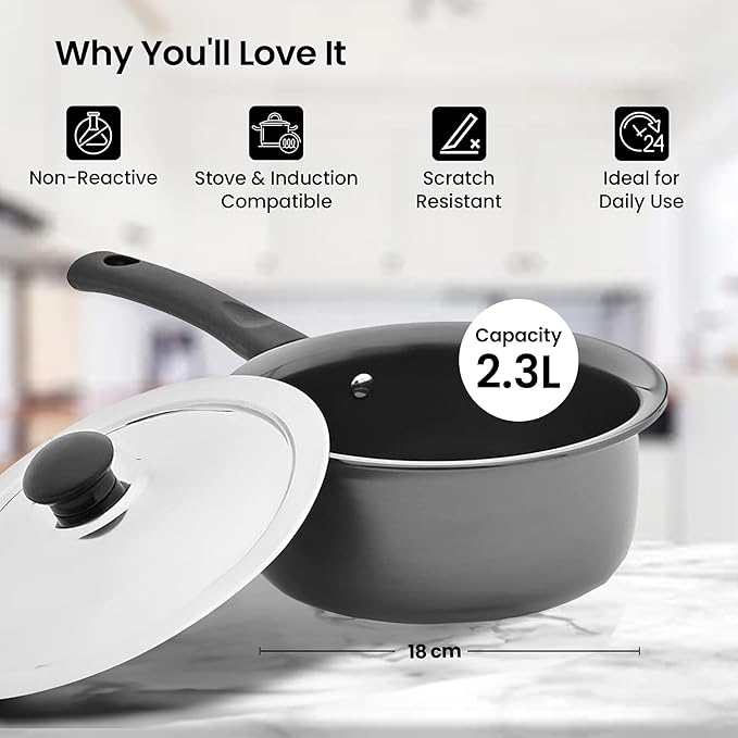 Savya Home Hard Anodized Aluminum Sauce Pan with Stainless Steel Lid Set 2.3 L